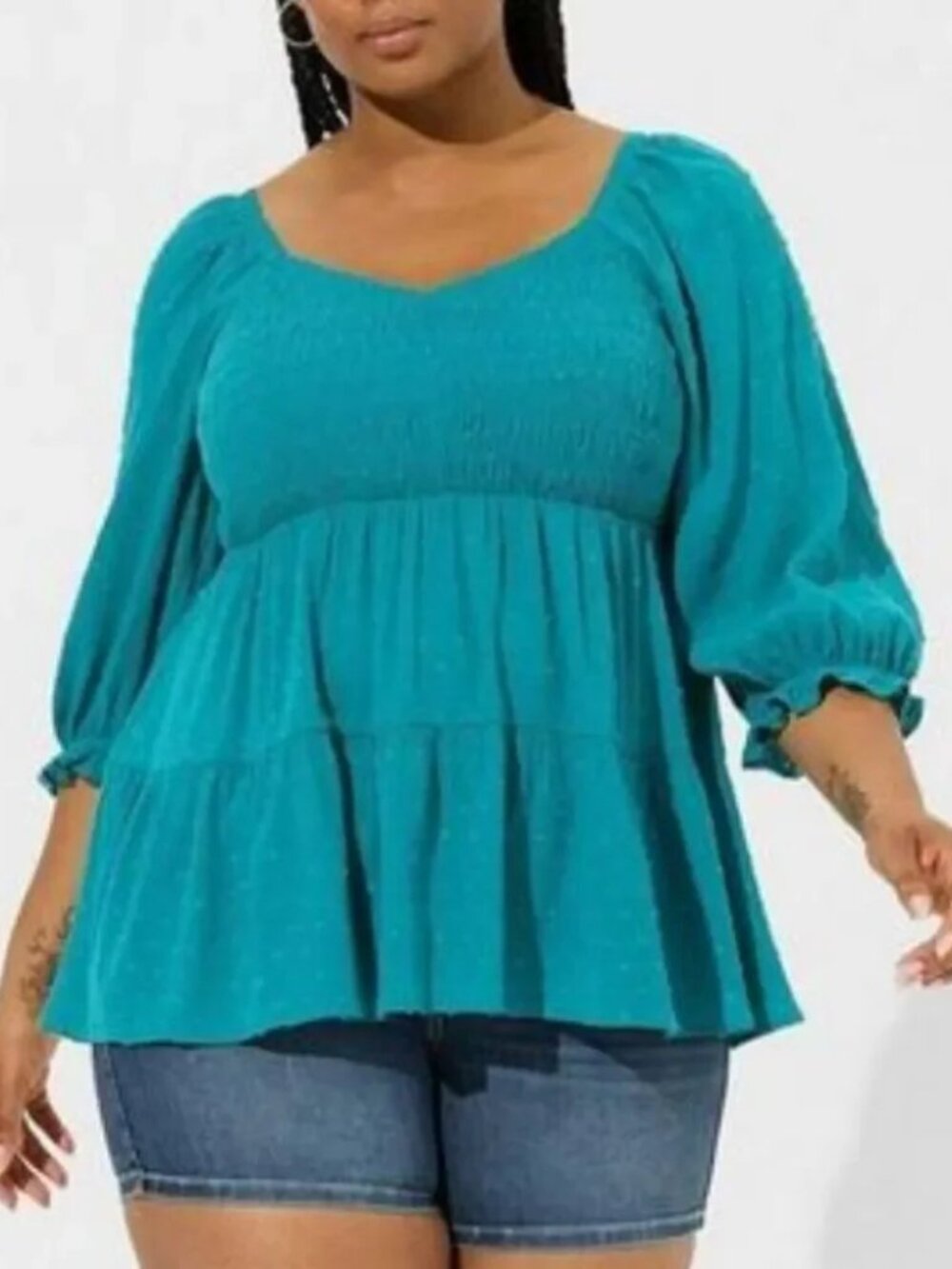Torrid Teal Crinkle Gauze Smocked Tiered Top Plus 4X New Blouson Sleeve